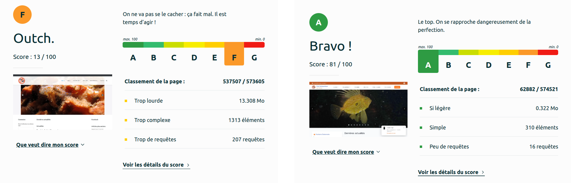 Comparaison EcoIndex avant/après (F 13/100 vers A 81/100)