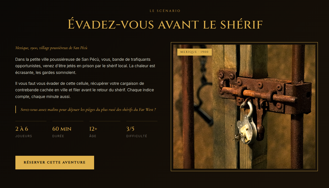 Page détaillée d'une salle d'escape game (scénario, durée, nombre de joueurs)