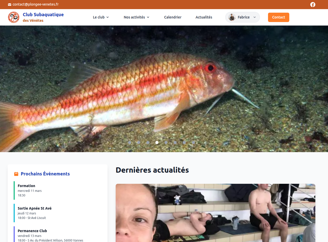 Page d'accueil du club avec carrousel sous-marin et prochains événements