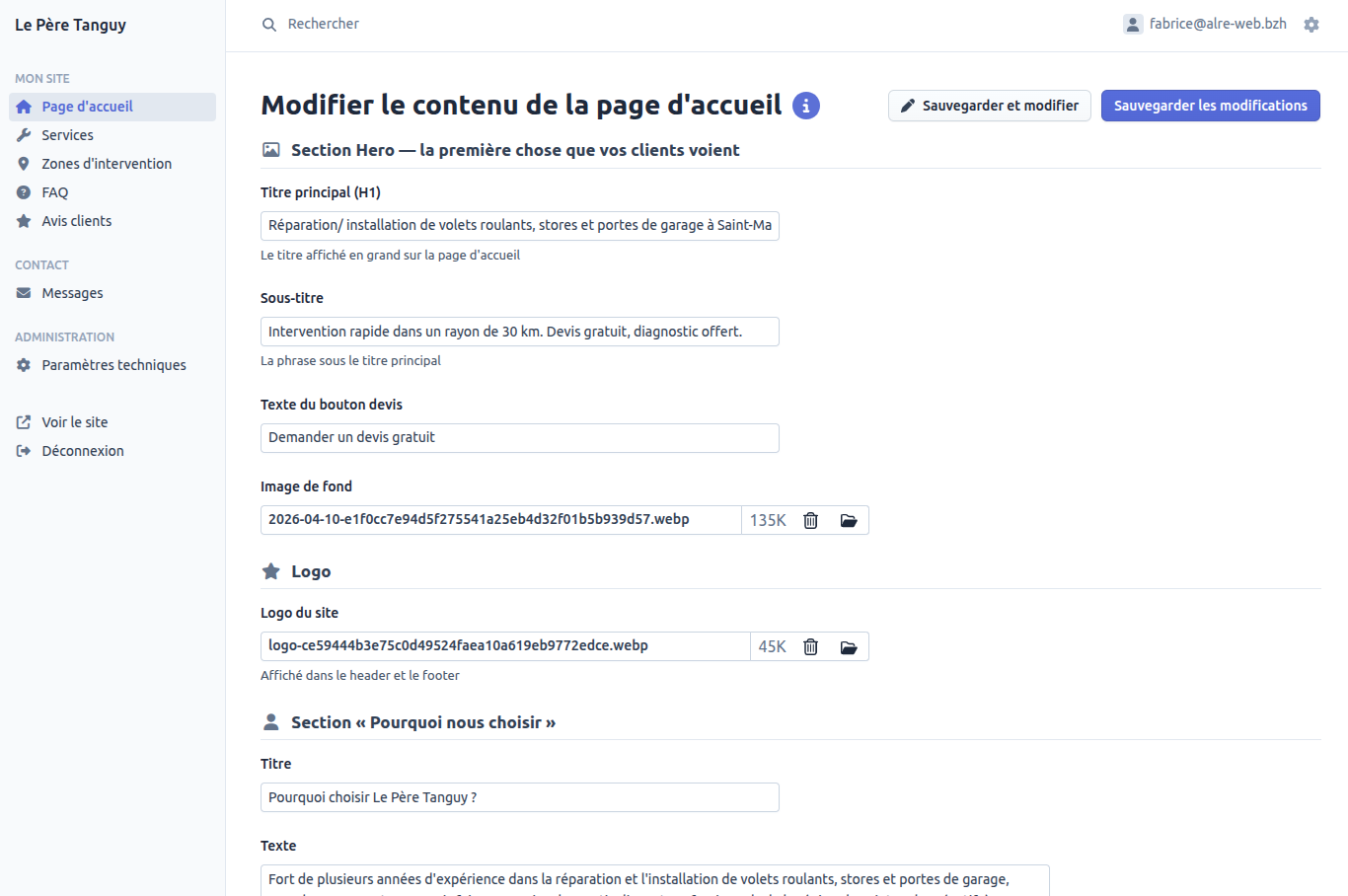 Interface d'administration épurée EasyAdmin (gestion services, FAQ, avis)