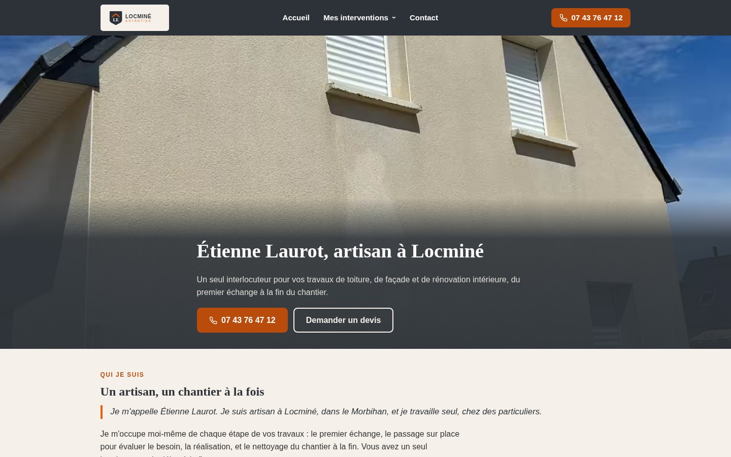 Page d'accueil du site Locminé Entretien affichée sur ordinateur