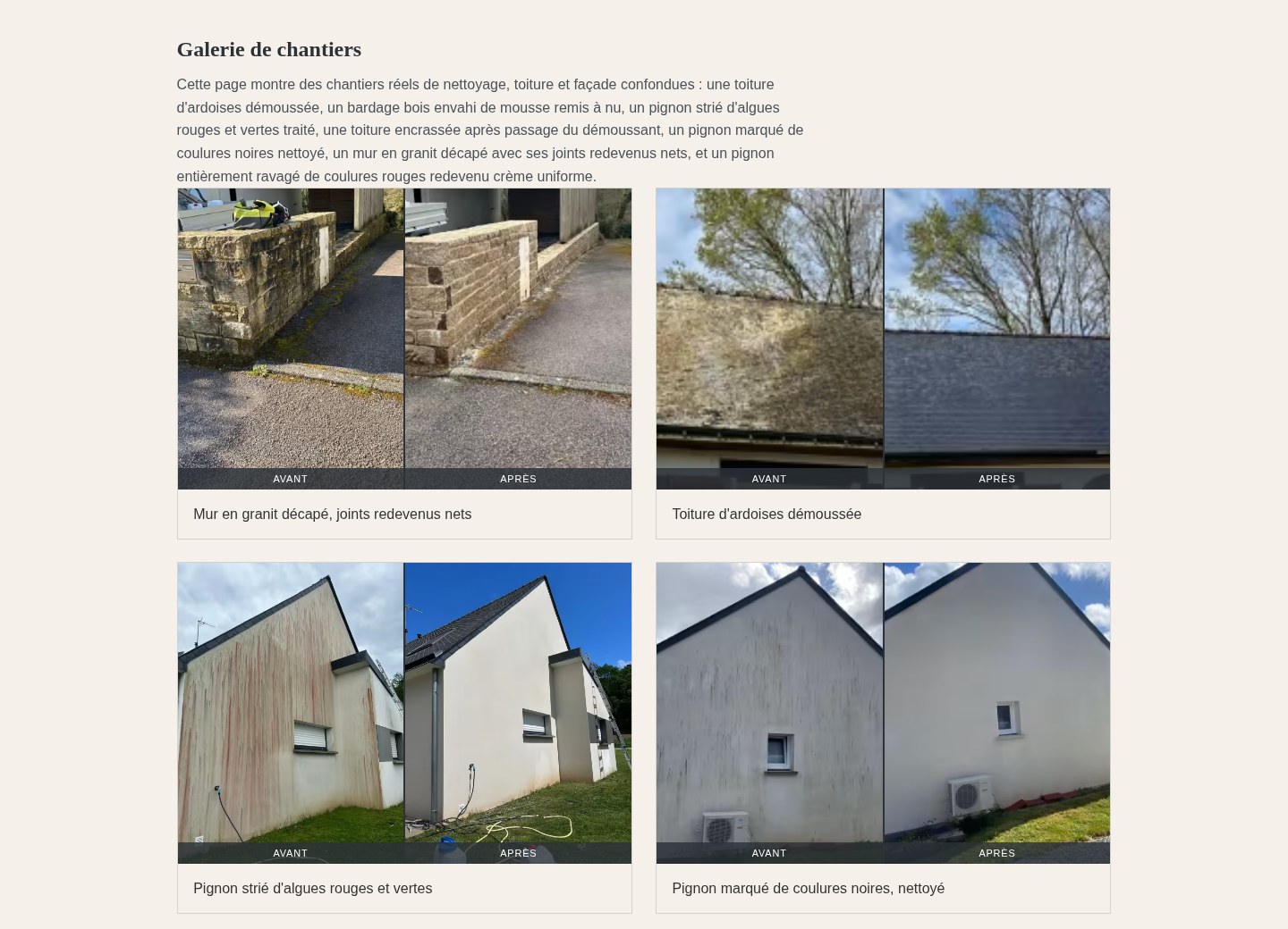 Page métier du site Locminé Entretien avec photos de chantier avant après