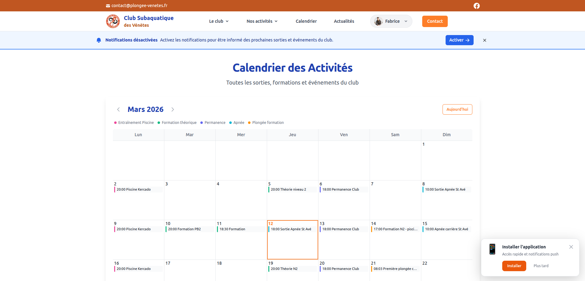 Calendrier des sorties et événements