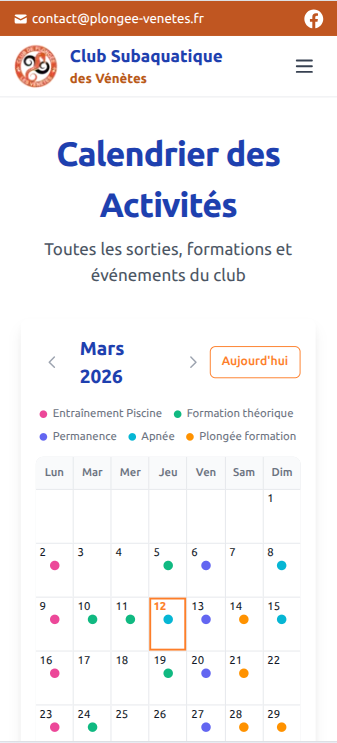 Planning des événements sur mobile (PWA installée)