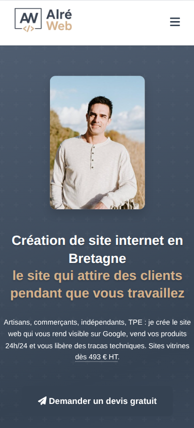 Affichage mobile responsive de la page d'accueil